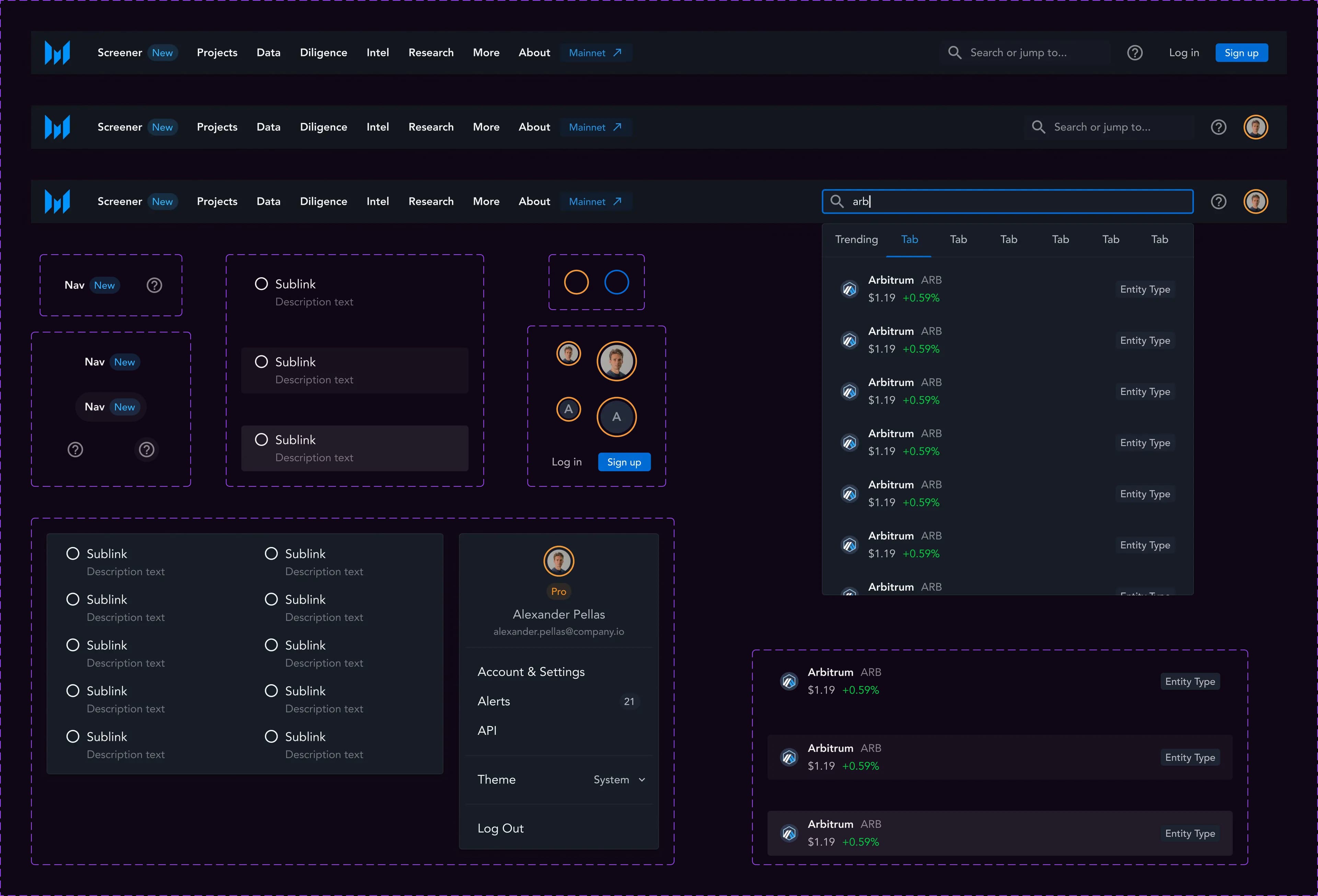 Top navigation variants, an open search with asset results, a user menu, and sub-navigation link styles.
