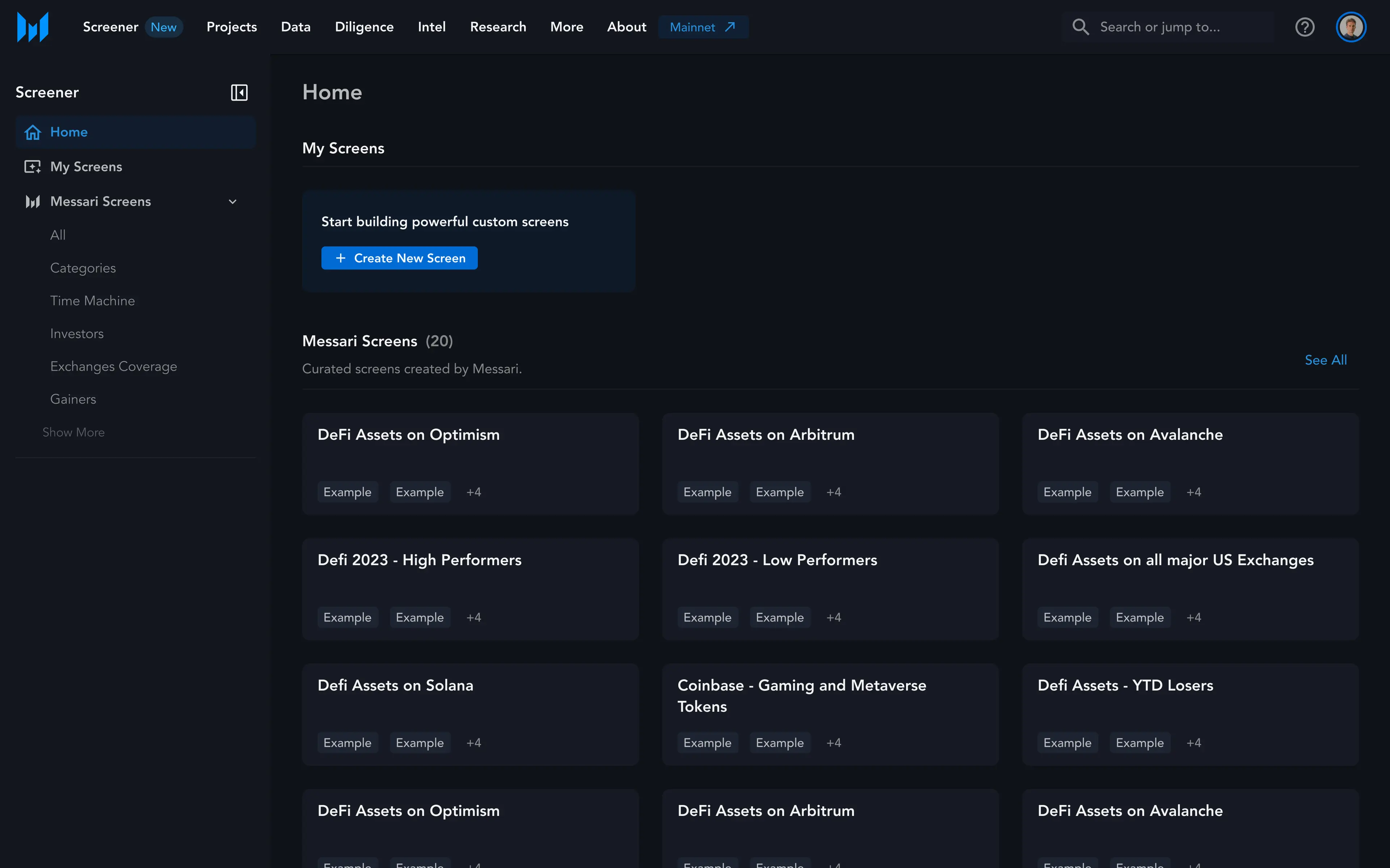 Screener home with a prompt to create a new screen and a grid of curated Messari screens.