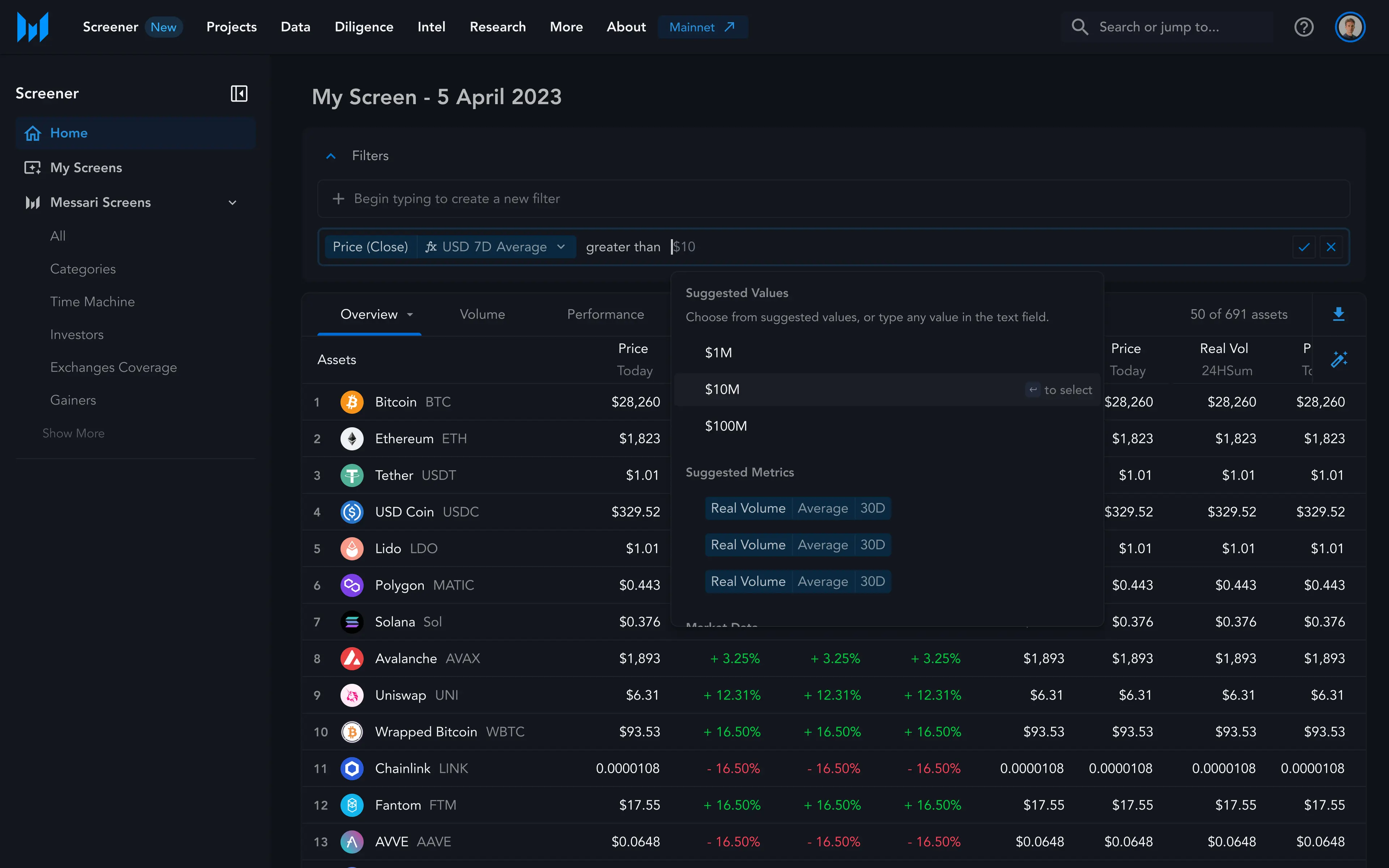 A filter being edited, with suggested values of $1M, $10M and $100M and suggested related metrics.